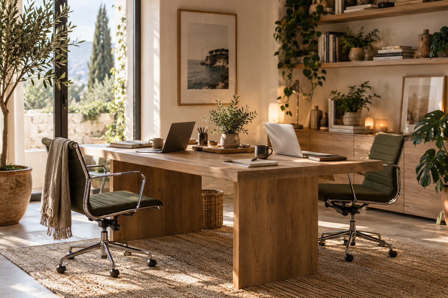 A bright, small two-person digital studio workspace